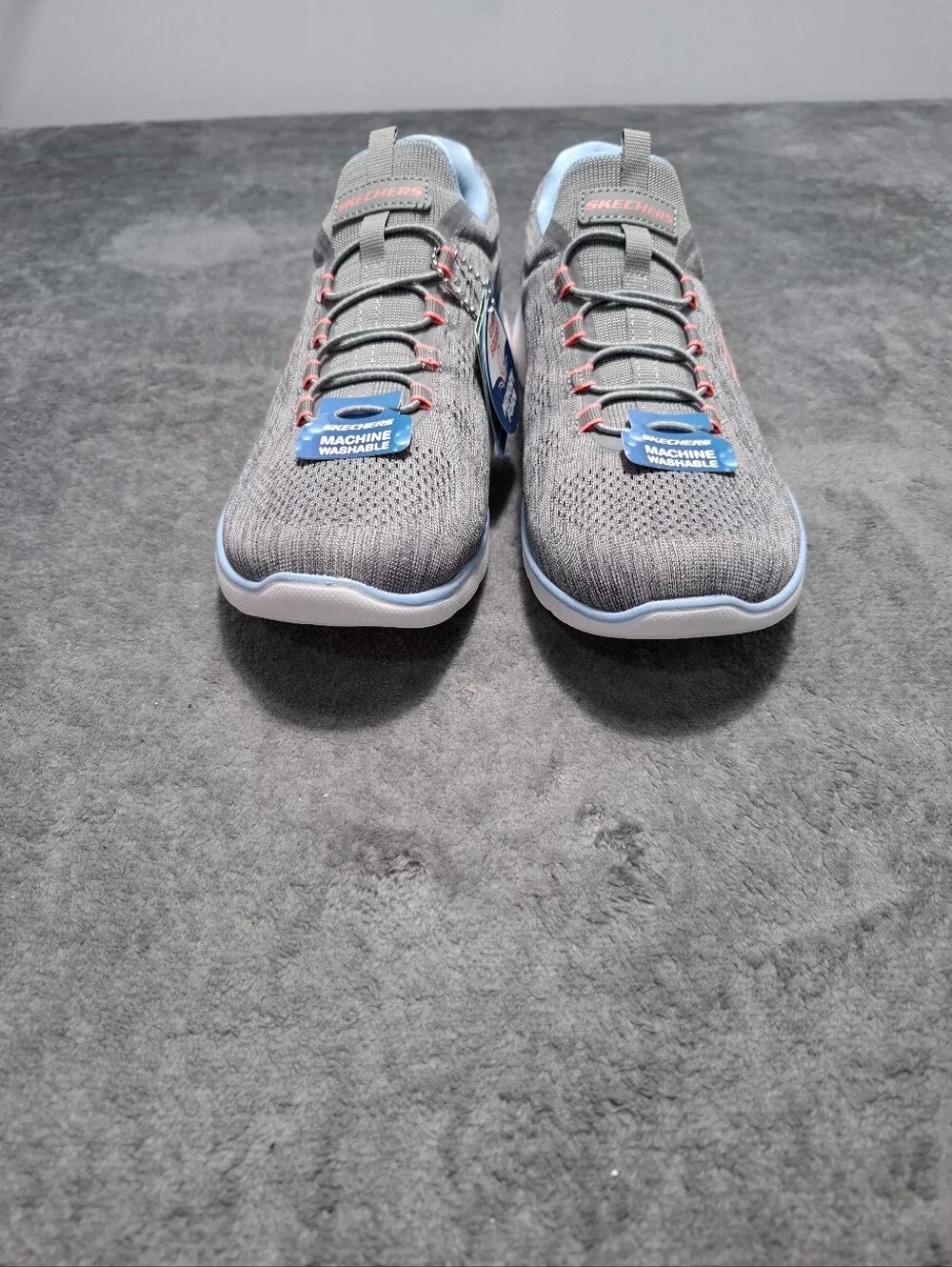 Skechers Slip-On Athletic Sneakers Gray Light Blue Pink Accents Sz 9.5 Washable